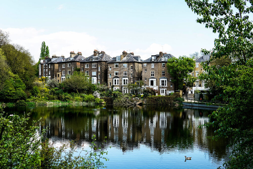 London houses next to large pond