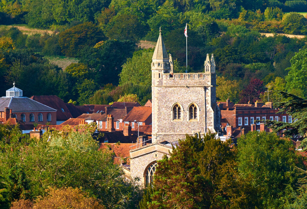 Church spire and rooftops in Old Amersham, Buckinghamshire.